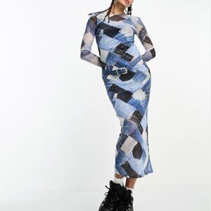 Noisy May Mesh Maxi Dress in Blue Denim Pattern